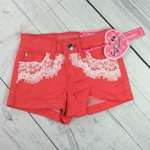Cutie Patootie Girl Coral & White Lace Twill Adjustable Waist Shorts Size 5 NWT